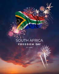 Majestic fireworks and flag of South Africa on National holiday