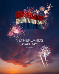 Majestic fireworks and flag of Netherlands on National holiday