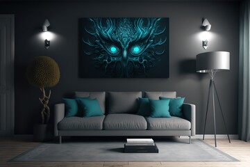 3d render of a dark grey living room with a turqoise sofa and an art canvas