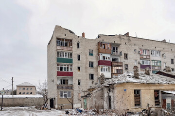 Fragments of destroyed buildings in Liman, damaged by Russian artillery shells.