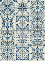 Seamless blue patchwork tile with Islam, Arabic, Indian, ottoman motifs. Majolica pottery tile. Portuguese and Spain decor. Ceramic tile in talavera style. Vector illustration.