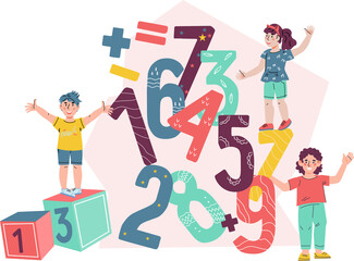 Kids math classes and school arithmetic lessons. Children studying mathematic and playing logic games. Early education and childhood program.