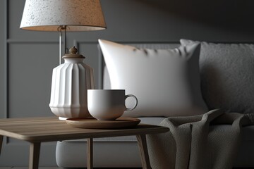 Fototapeta na wymiar Grey lamp above pillow on white sofa next to wooden coffee table with mugs, copy space on empty wall