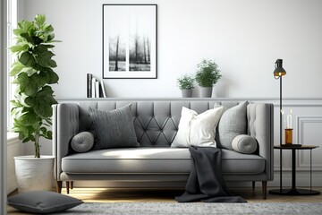 Grey sofa with pillows near white wall in stylish living room interior