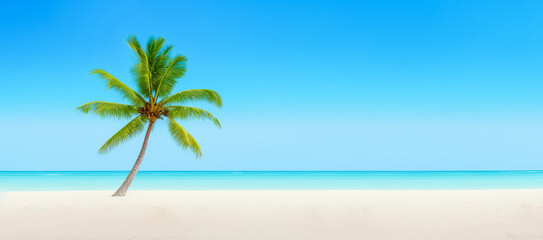 Fototapeta na wymiar Beach holiday background. Beautiful beach with white sand, turquoise ocean water and blue sky with clouds in sunny day. Panoramic view. Generative AI background for summer vacation