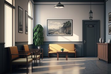 interior of a waiting room,Octane Render ,hyperrealism, photorealism, photorealistic