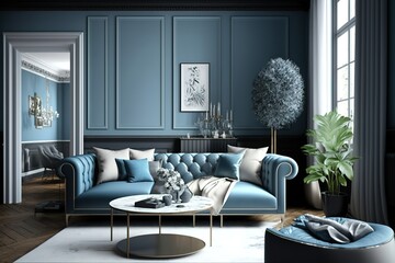 Chic modern luxury aesthetics style living room in blue tone