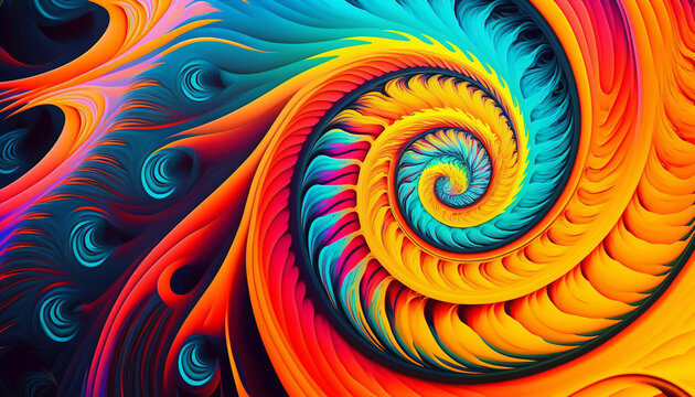 A spiral of dayglo acrylic paint into complex patterns