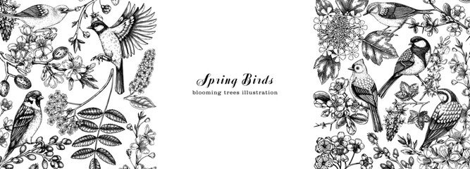 Flowering trees with birds banner. Vintage frame designs with birds, flowers, blooming branches sketches. Hand drawn almond, willow, rowan, willow, cherry blossom isolated on white background