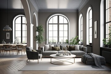 Fototapeta na wymiar Large living room interior with arch windows, furnished with modern sofa and dining table