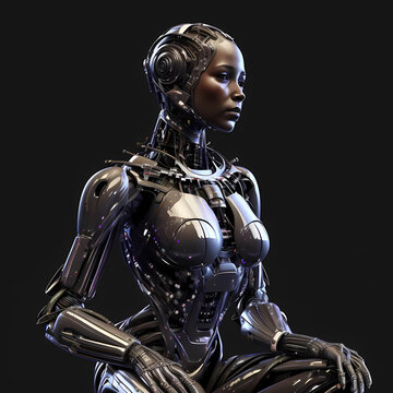 Synthetic humanoid robot, artificial intelligence. Portrait of gynoid, female futuristic cyborg. AI generative fembot.