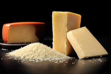 parmesan cheese on dark background. Grated parmesan cheese on black background, parmigiano, small bowl of ground traditional Italian hard cheese. Generative AI - obrazy, fototapety, plakaty