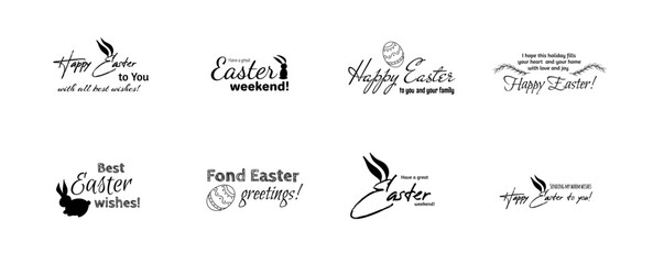 Happy Easter, label set. Egg, rabbit, bunny symbol. Lettering, calligraphy vector illustration