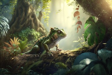 Green chameleon in the beautiful forest scene. Generative AI