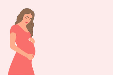 Banner about pregnancy with place for text. Pregnant woman, expectant mother hugs her belly with her hands.