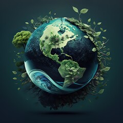 Earth globe with oceans on a blue background. Save nature, ecology, green peace, green energy, high resolution, art, generative artificial intelligence - obrazy, fototapety, plakaty
