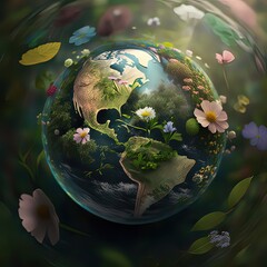 The globe with the oceans on the background of the pond. Save nature, ecology, green peace, green energy, high resolution, art, generative artificial intelligence - obrazy, fototapety, plakaty