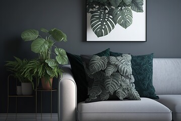Patterned pillow on grey corner sofa in living room interior with plant and poster. Real photo