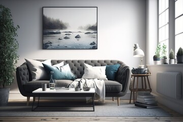 Living room interior with sofa and poster