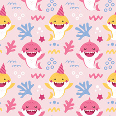 Seamless vector cartoon pattern with baby shark for Birthday