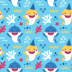 Seamless vector cartoon pattern with baby shark for Birthday