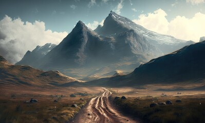 Old road to high mountains. Fantasy landscape. Generative ai.