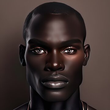 Handsome black man with bright makeup on beige background. Lgbt, male model, non-existent person, style, skincare, high resolution, art, generative artificial intelligence