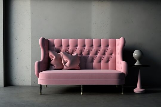 Pink sofa on the grey wall background. Minimalism interior