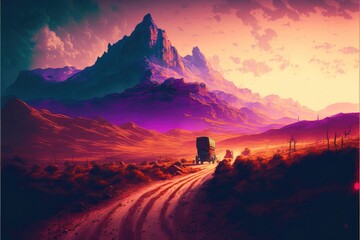Old west caravan on the road. Illustration scene. Generative ai.