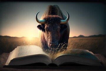 Bison in the prairie. Animal book stories concept. Front view. Generative ai.	