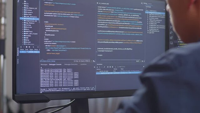 Close Up Of Desktop Computer'S Monitor Showing Script Creating Software Engineer Developing App, Program, Video Game At Home. Terminal With Coding Language 
