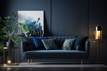 Modern home interior mock-up with dark blue sofa, table and decor in living room, 3d render,Octane Render