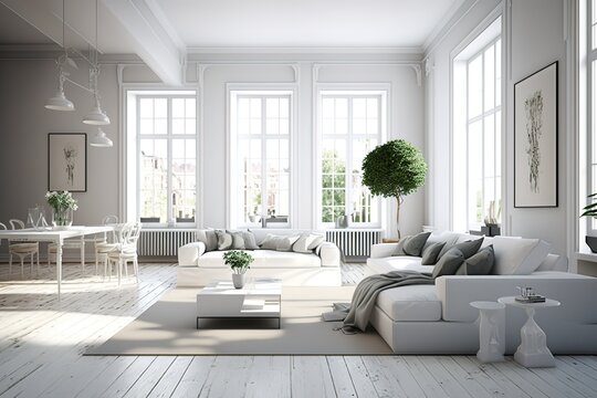 Spacious bright room with white couches,Octane Render ,hyperrealism, photorealism, photorealistic