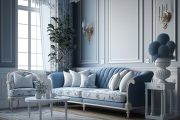white and blue living room whit classic sofa-rendering,Octane Render ,hyperrealism, photorealism, photorealistic