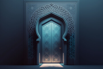 a minimalist yet intricate illustration of a mosque door, with subtle color schemes and symmetrical patterns that convey a sense of harmony and balance Generative AI