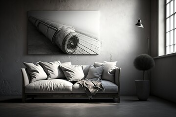 Wohndesign - Sofa weiss vor Betonwand,Octane Render ,hyperrealism, photorealism, photorealistic