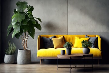 Yellow sofa and a wooden table in living room interior with plant,concrete wall