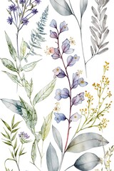 Modèle sans couture aquarelle avec fleurs sauvages éthérées, feuilles. Plantes sauvages, fleurs, branches. Un fond floral Nature.