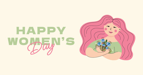 International Women's Day 8 March. Greeting banner or flyer template. Girl with pink hair holding a bouquet of flowers