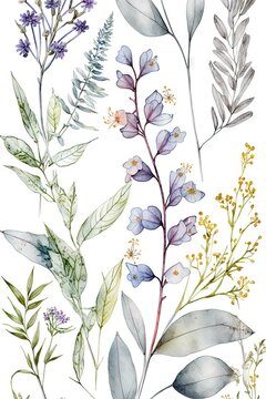 Mod&egrave;le sans couture aquarelle avec fleurs sauvages &eacute;th&eacute;r&eacute;es, feuilles. Plantes sauvages, fleurs, branches. Un fond floral Nature.