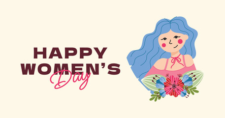 Happy Women's Day. 8 March beautiful rectangular banner template, postcards. Girl with flowers and blue hair
