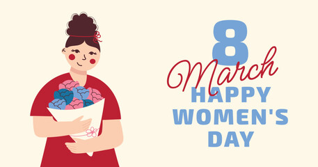 8 March International Women's Day. Concept for a banner, greeting card or poster. Vector girl with a bouquet of flowers