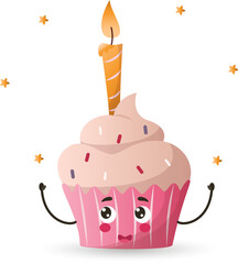 kawaii style cupcake, kawaii cute cupcake, cupcake color vector illustration, cupcake dessert, birthday cupcake