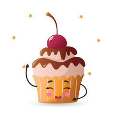kawaii style cupcake, kawaii cute cupcake, cupcake color vector illustration, cupcake dessert, birthday cupcake