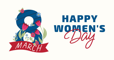 Fototapeta na wymiar Happy Women's Day 8 March. Design a banner, flyer or postcard with spring flowers. Eight with a floral frame