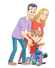 Father and mother with a boy learning to ride a tricycle
