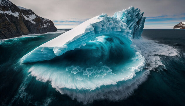 An iceberg rolls in the ocean after carving. and begins to melt