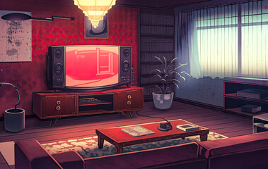 realistic LoFi cartoon anime living room scene with a TV set, bookshelf, sofa & plants, vector illustration (generative ai)