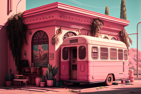 Pink Architectural duotone LoFi outdoor scene, vintage analog retro-futurism school bus in front of a old store building, hyper-realistic Japanese kawaii style 3d render illustration(generative ai)