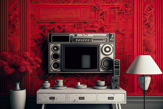 vintage white and red duotone lofi retro-futurism architectural living room scene with antique analog television and stereo equipment, urban living (generative ai) hyper-realistic 3d render